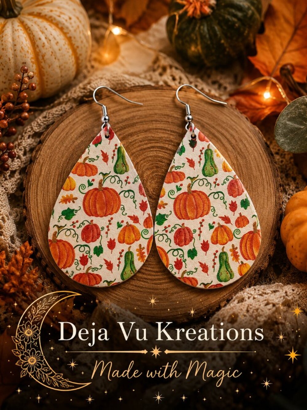 Fall Pumpkin Gourd Faux Leather Teardrop Earrings